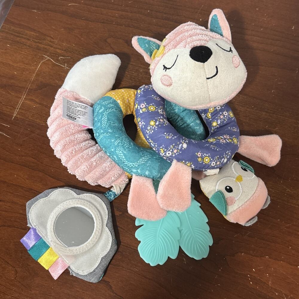 Infantino Plush Fox Spiral Carseat Stroller Toy Rattle Teether Sensory Activity